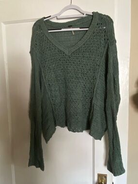 Free People V-Neck Open Knit Sweater in Sage Green